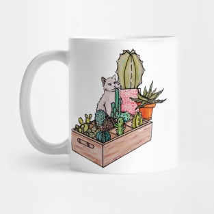 Watercolor Cat with a box of cacti Mug